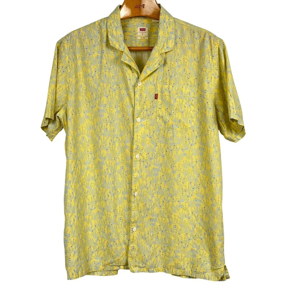 Levis Cactus Print‎ Shirt Mens M Yellow Camp Collar Desert Floral Button Up